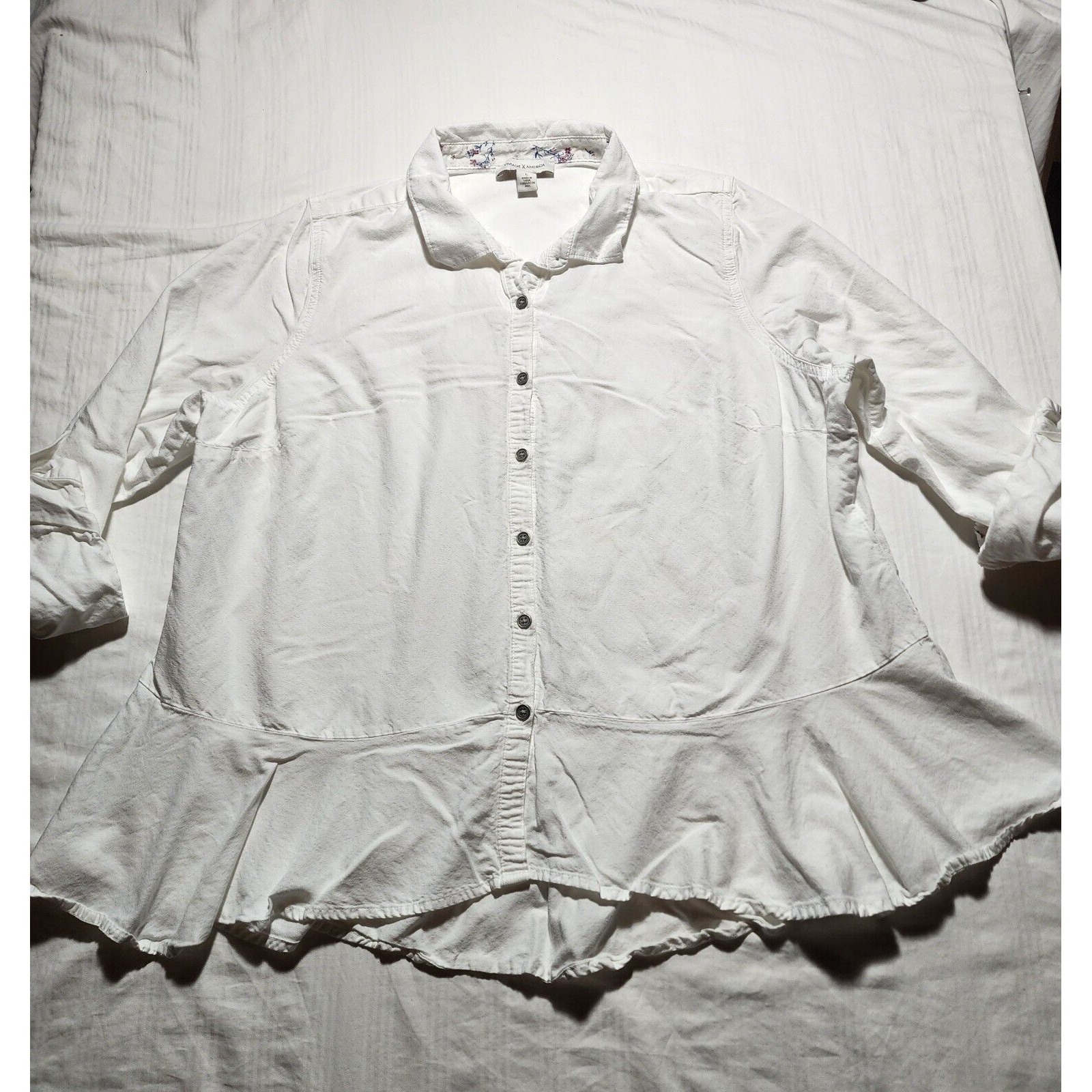 Vintage America Top Womens Large White Long Sleeve Collared Casual Button Down